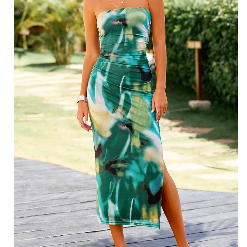 💙 PrettyGarden Strapless Maxi Bodycon Mesh Dress in Green Multicolor - Sz Large - Picture 2 of 10